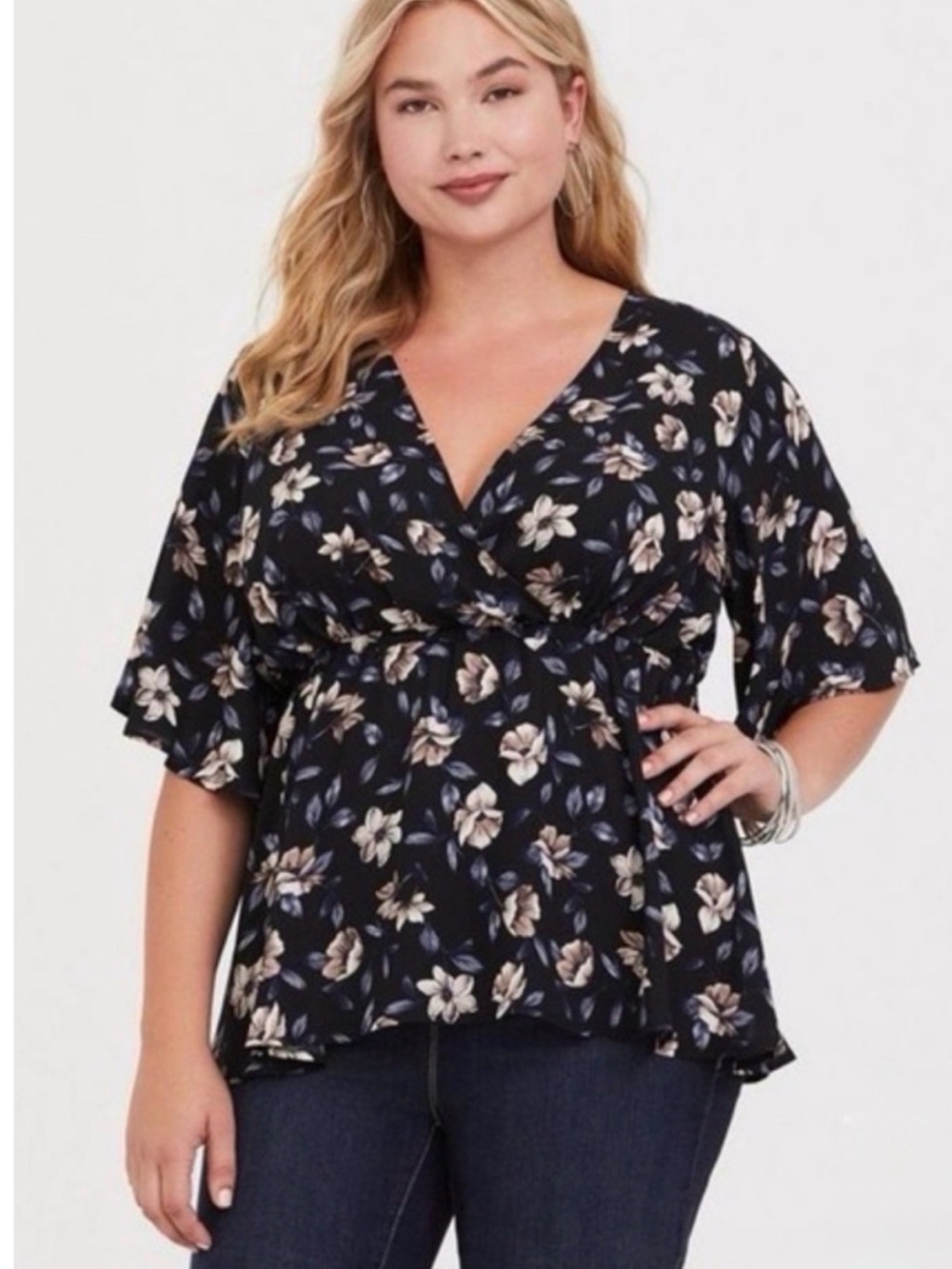 Torrid Black Floral Chiffon Surplice Babydoll Top Size 2 2X